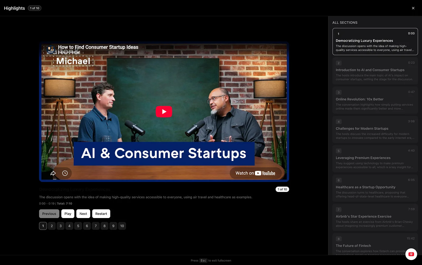 Fullscreen highlight mode, with every identified section listed and timestamped down the right rail.