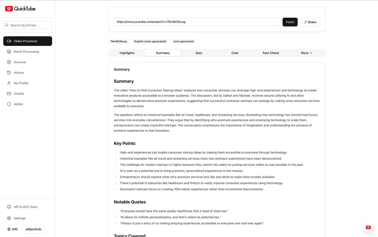 Summary, key points, and pulled quotes — the structured read of a 40-minute conversation.